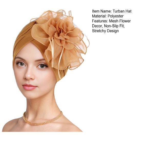 Women Turban Hat Pure Color Mesh Flower Decor Elastic Non-Slip Headwrap Breathable Lightweight Summer Headscarf Hat