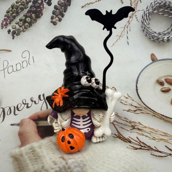 Halloween Gnome Figurine, Small Resin Dwarf Table Decoration, Spooky Pumpkin Bat Skull Gnome Statue for Tiered Tray, Tabletop, Home Decor