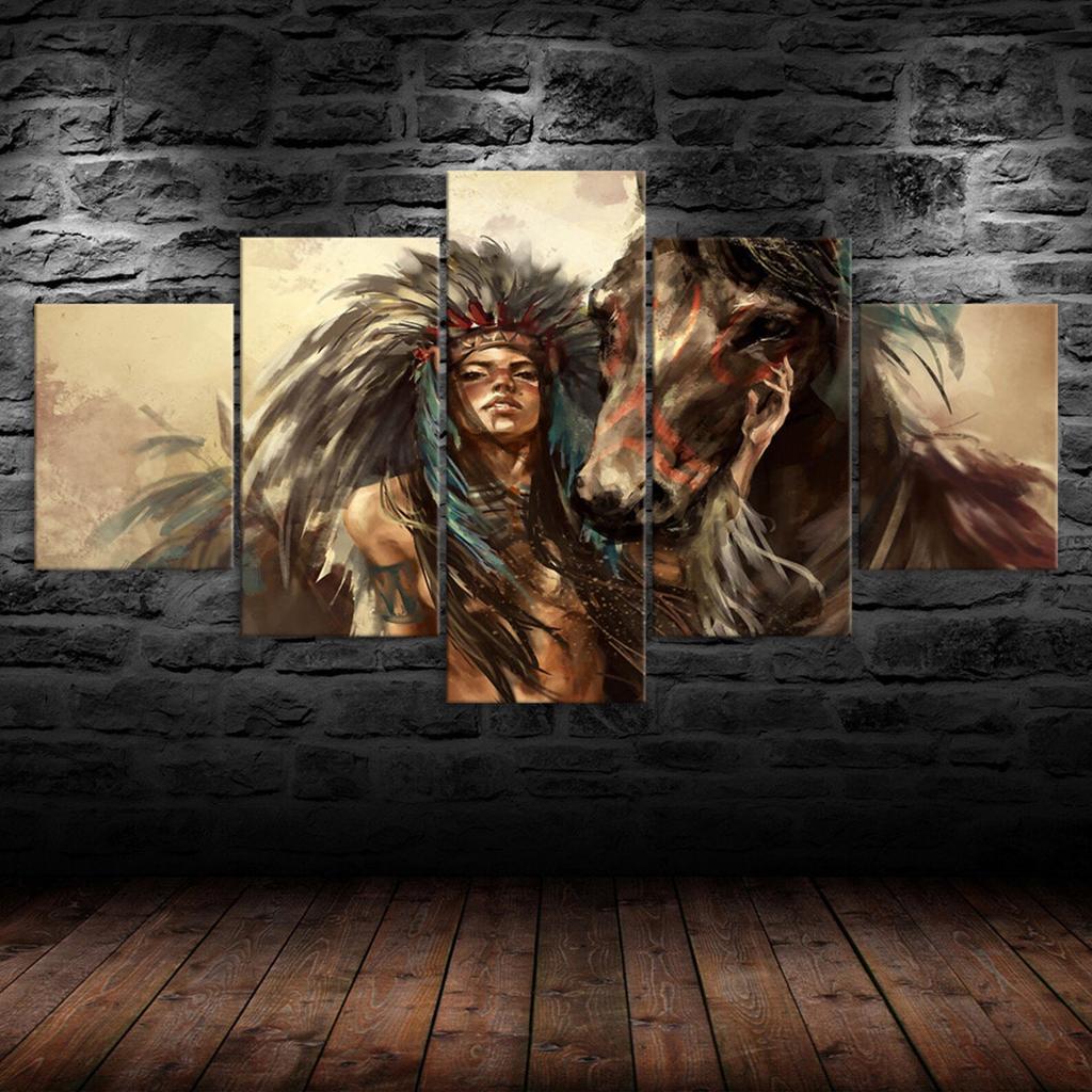 Native Indian Women Horse Painting Scene 5 Piece Five Panel Wall Canvas Print Modern Art Poster Picture Home Decor Gift For Him For Her