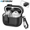 KEYSION With Carabiner Lock Phone Stand Protective Case for Samsung Galaxy Buds 3 Pro Buds3 FE Soft Silicone+PC Shockproof Cover