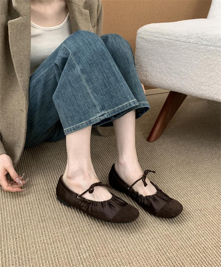 ~ Retro Pleated Lace-up Flat Mary Jane Shoes Shallow Mouth Single Shoes Women's Round Head One Pedal Ballet Shoes