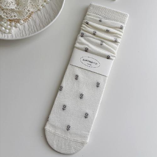 Pink Socks Women Spring and Summer Hollow Thin Breathable Women Socks Ballet Style Floral Print Polka Dot Medium Tube Socks Gift