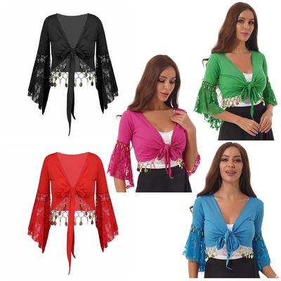 Women Belly Dance Costume Lace Patchwork Flare Sleeve Bell Bead Tassel Lace-Up Shawl Crop Tops Cardigan
