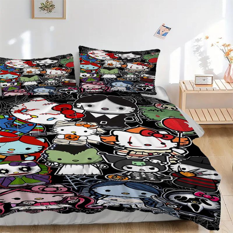 

3pcs Halloween Compilation Hello Kitty Bedding Set - Includes 1 Quilt Cover and 2 Pillowcases, Comfortable Bedding with Stylish Design for B 135x200cm