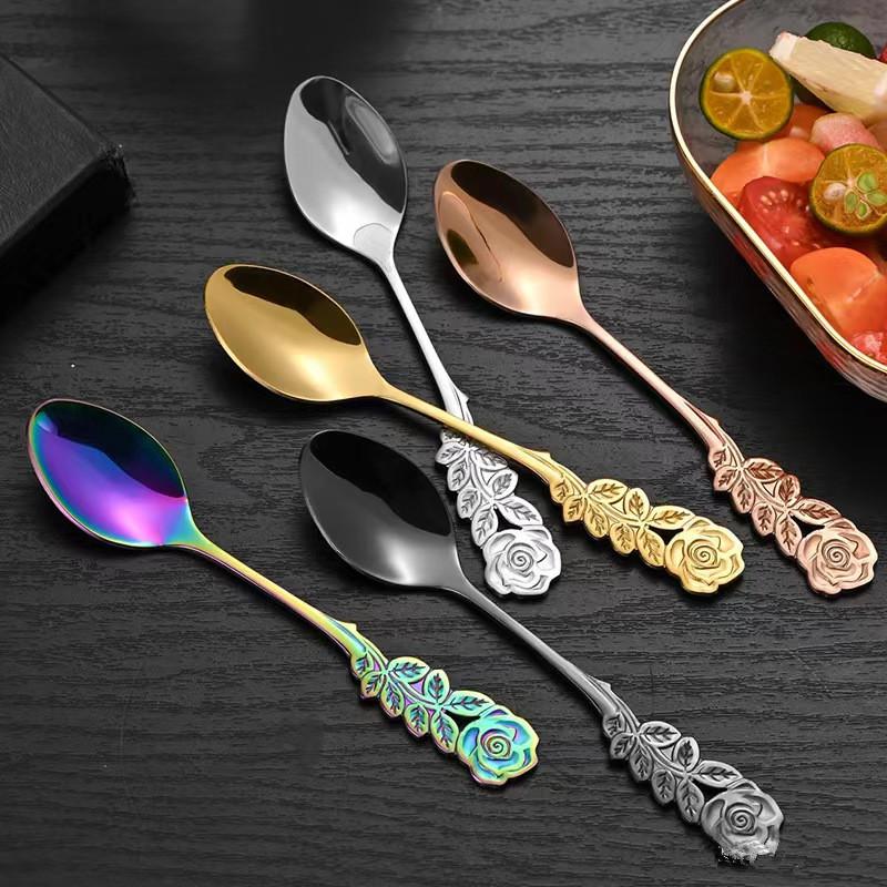 Rose Flower Head Stainless Steel Coffee Spoon Fruit Dessert Fork Mixing Sppons Pretty Tableware Things for Kitchen Hotel