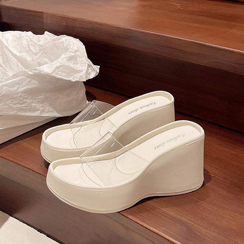 Fashion 2025 Summer New Thick Bottom High Heel Slippers for Women Fashionable Transparent Sponge Cake Versatile Beach Slipper Sandals