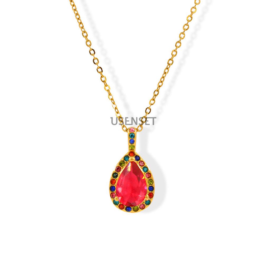 Elegant Retro Stainless Steel Necklace with Colorful Zirconia Water Drop Pendant and Full Diamond Cross Chain