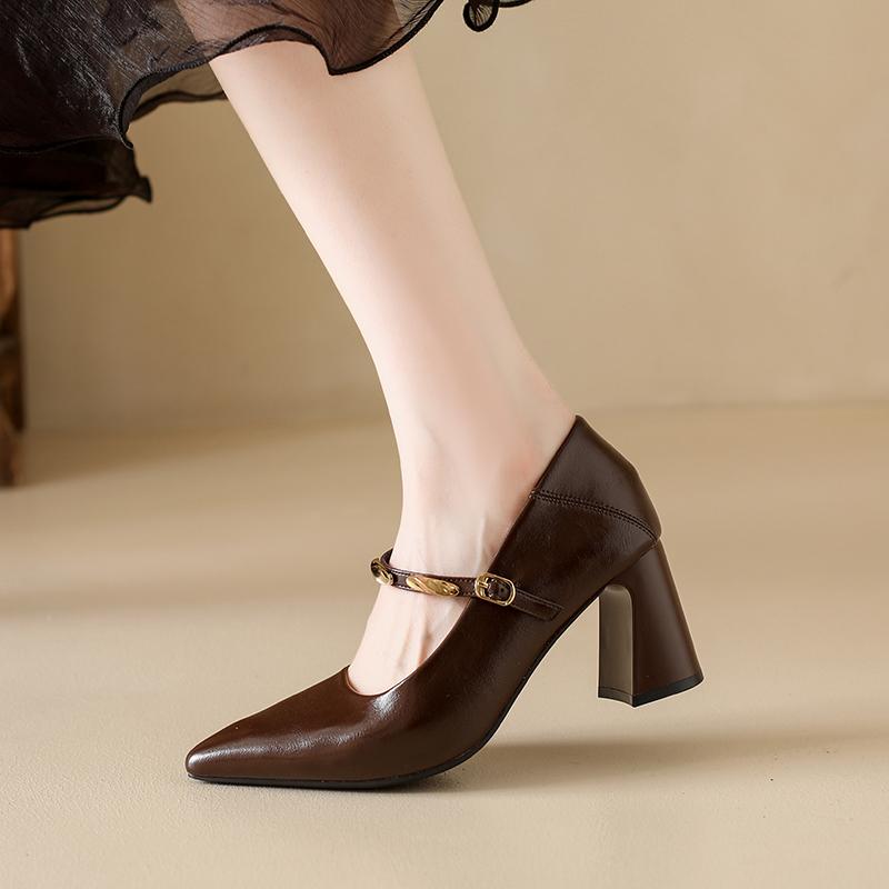 Fashion A new French pointed-toe, chunk-heeled single shoe for women, featuring a retro metal one-shoulder strap and a shallow opening