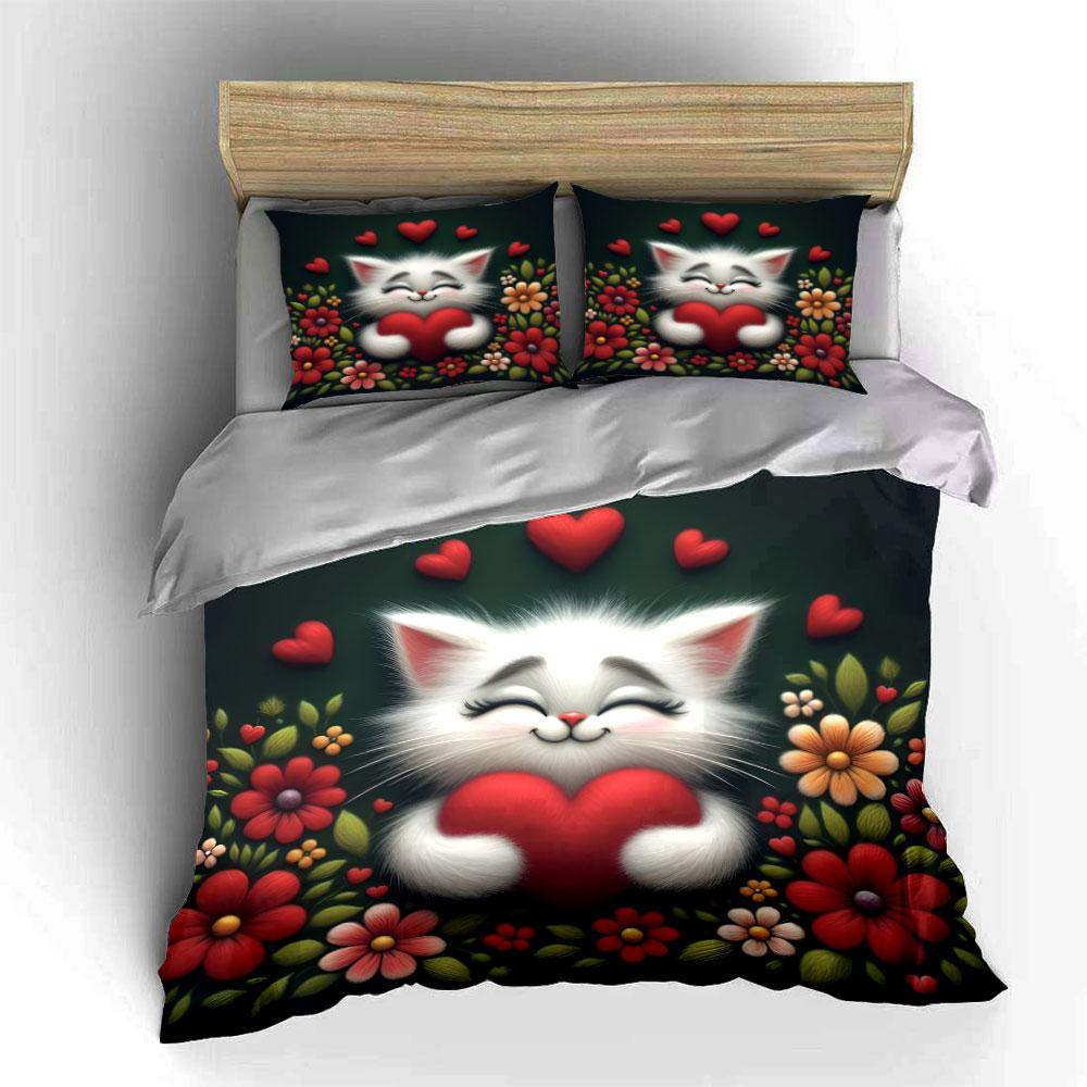3D Fluffy White Cat Red Heart Floral Bedding SetCute Kitten Flower Valentine Warm Print Kids Bed Set 1 Duvet Cover 2 Pillowcase
