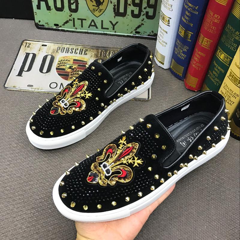 Fashion Luxury Designer New Men's Britain Rhinestone Rivet Embroidery Casual Flats Platform Shoes Zapatos Hombre Sport Walking Sneakers