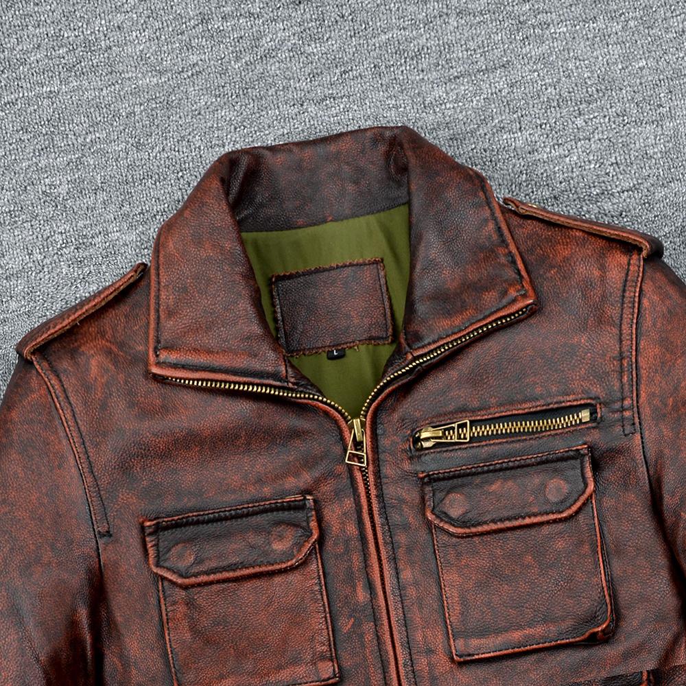 Vintage Red Brown M65 Hunting Jackets Black Genuine Cowhide Men Leather Jacket Pockets Men's Cow Coat Autumn