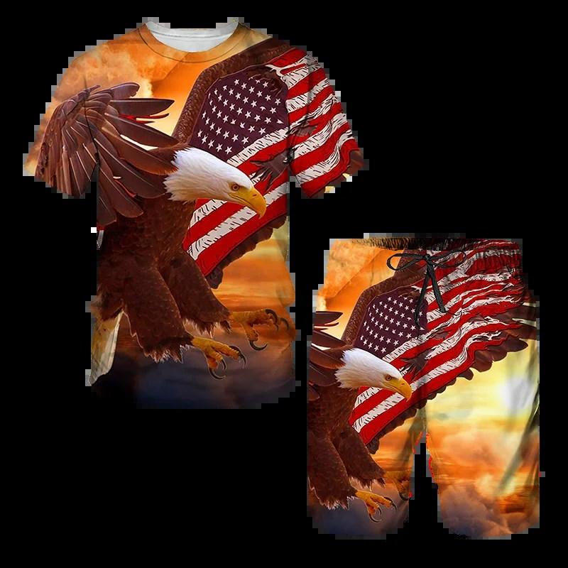 

Summer New Men s T-shirt shorts Eagle USA Flag set 3D Print Two-piece set Leisure Fashion Short Sleeve Full Set of Clothing 6XL
