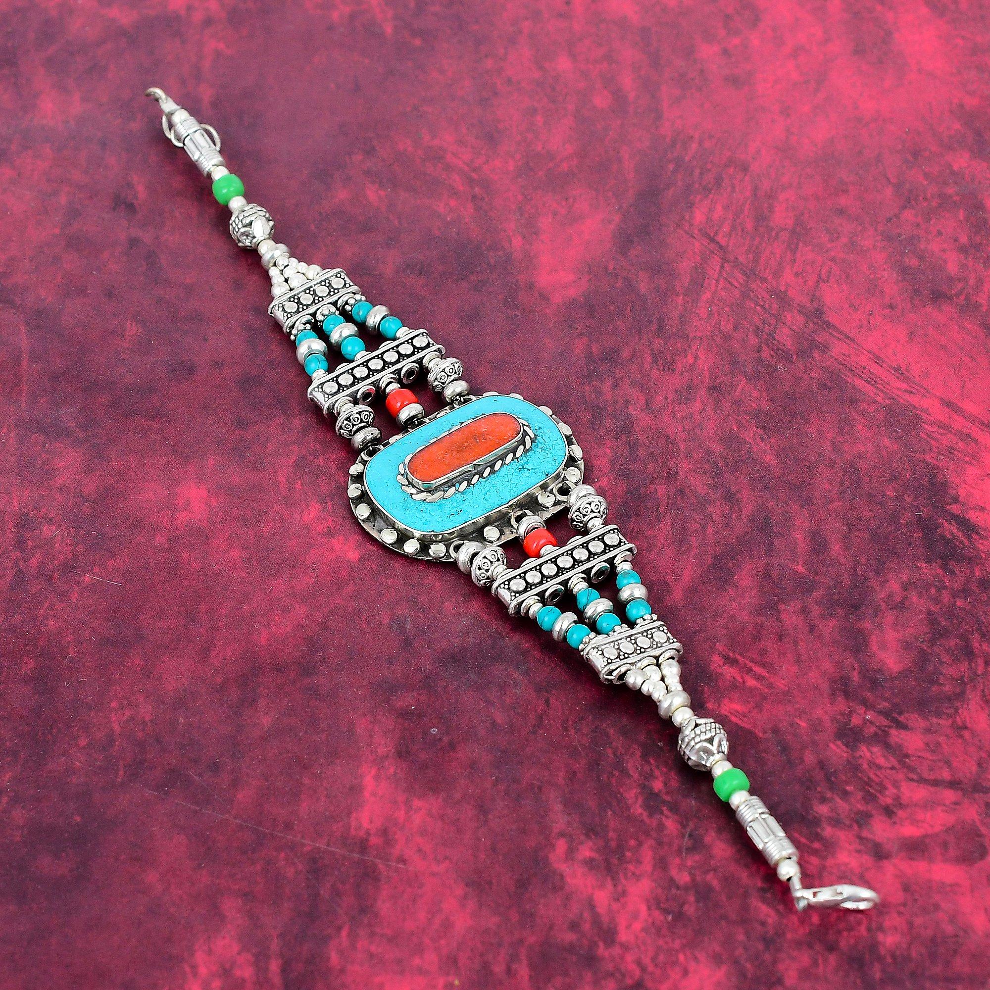 

Бирюзовый и Коралловый Браслет из Натуральных Камней Ручной Работы, Антикварный Ювелирный Браслет из Стерлингового Серебра 925 пробы, Для Подарка на Помолвку