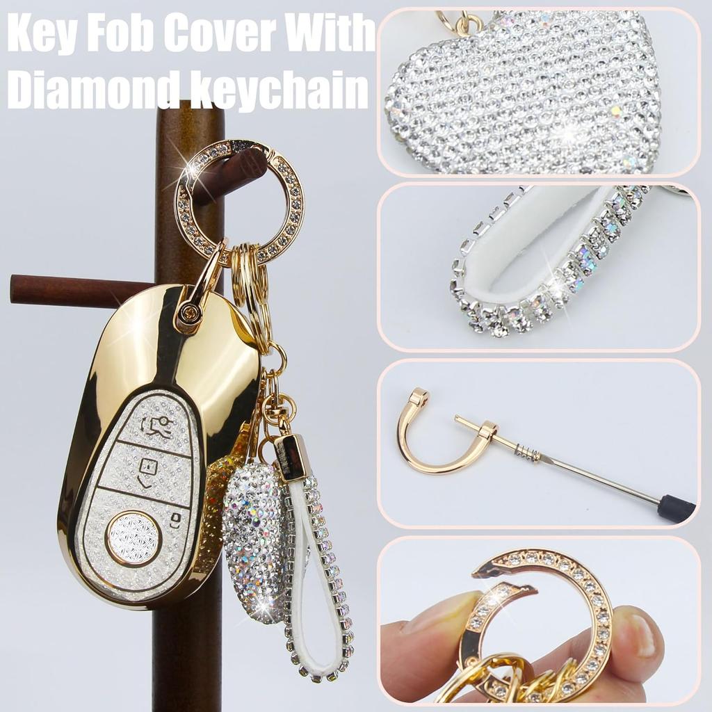 Key Fob Cover with Diamond Keychain Car Key Holder Case Compatible with - Benz S-Class G-Class E-Class Smart Remote Key Protector for Women, 3