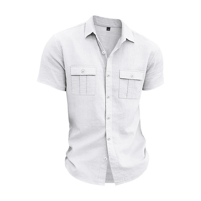 Men S American Casual Loose Short Sleeve Linen Work Shirt With Double Pockets