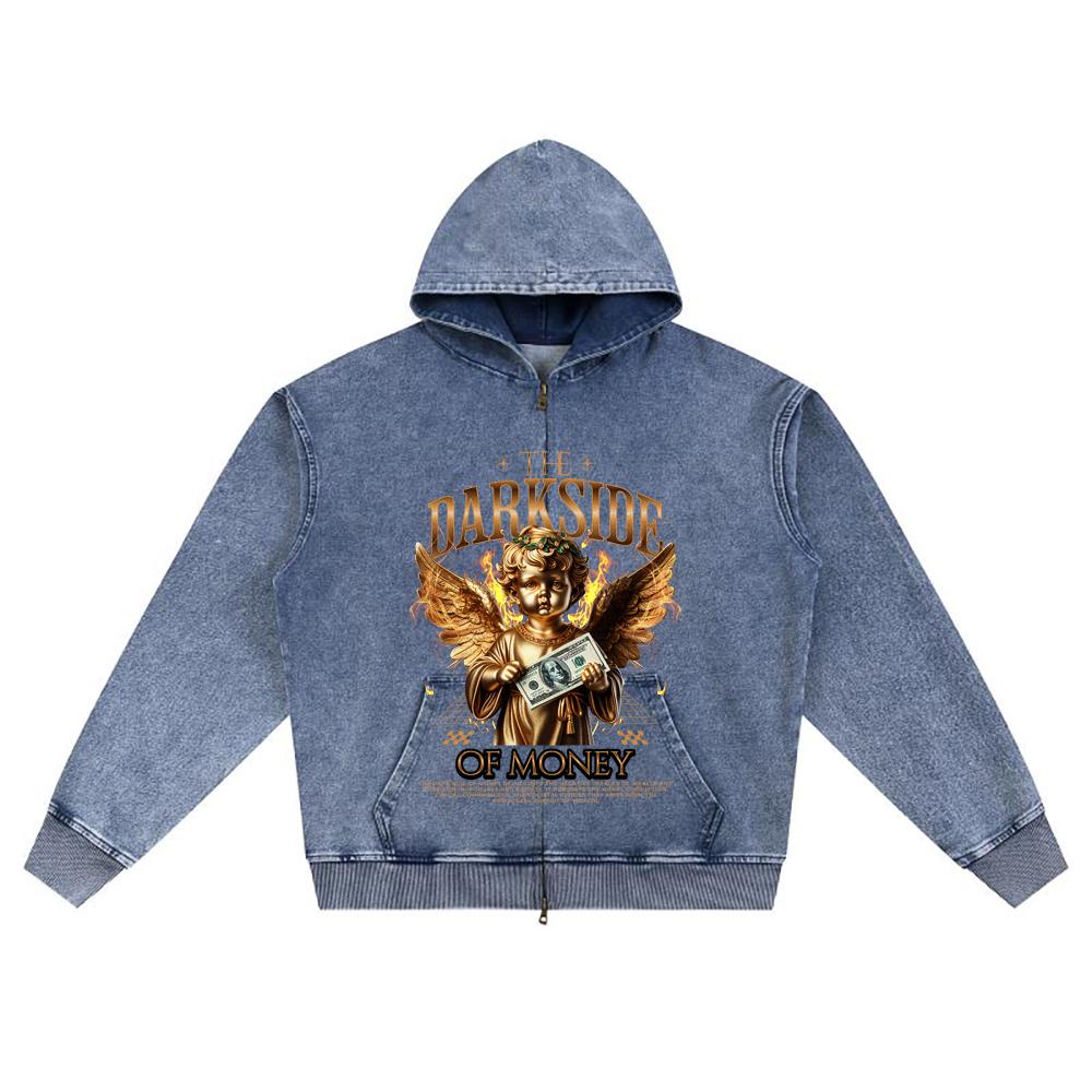 DTG print Knitted Denim Zip-Up Hoodie The Darkside Of Money Brother Print Zipper Hoodies