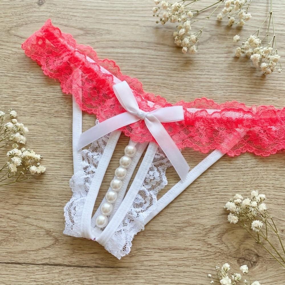 Open Crotch Lace Pearl Panties Low Waist See-through Thong Underwear for Women Ladies Girls