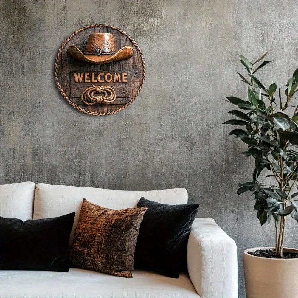 Rustic Welcome Sign Cowboy Hat Rope Western Wall Art Decor 8x8 Inch Western Theme Gift for Home Bar Office