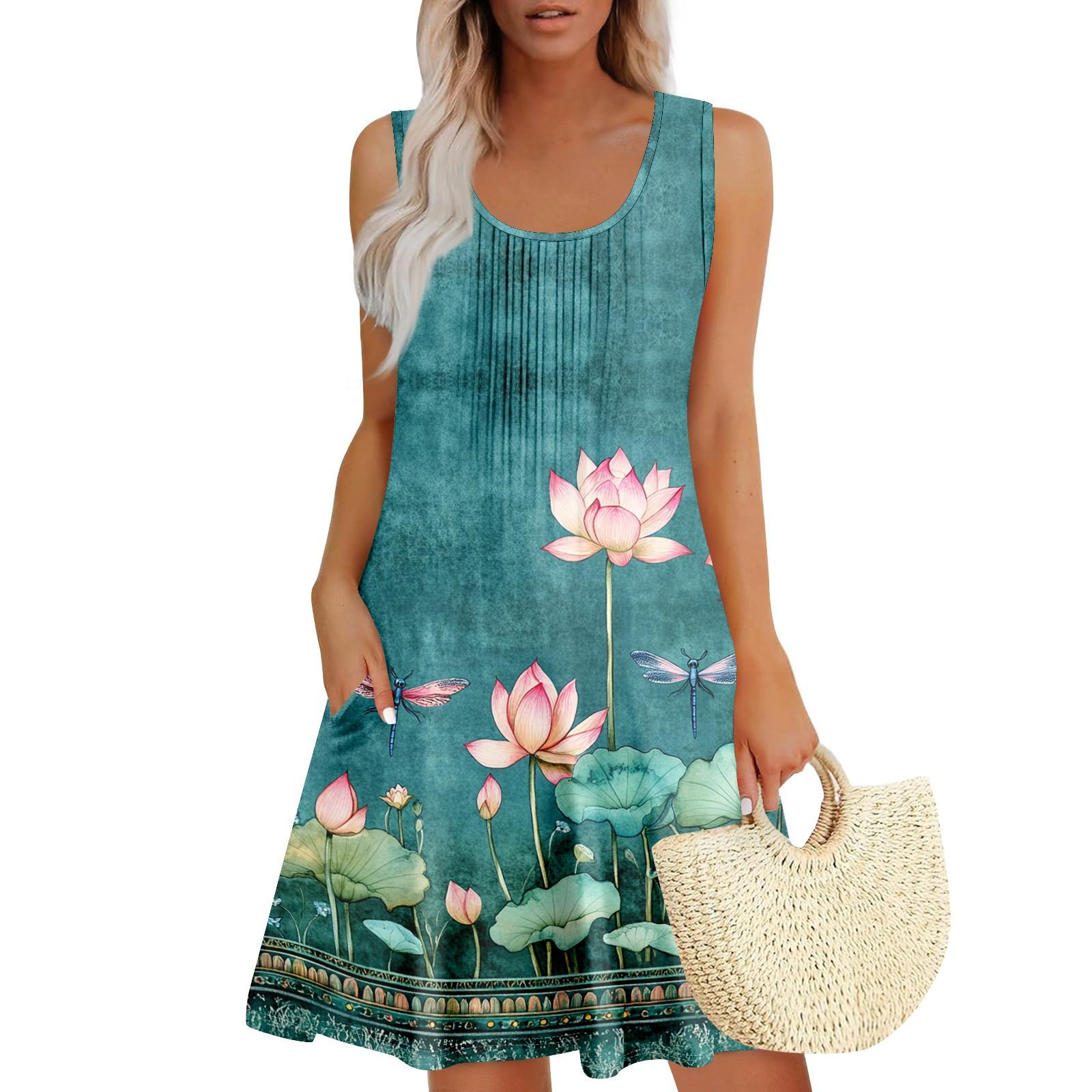 Sleeveless Vintage Print Pleated Round Neck Dress with Pockets Casual Loose Fit Summer Dress for Women S зелёный