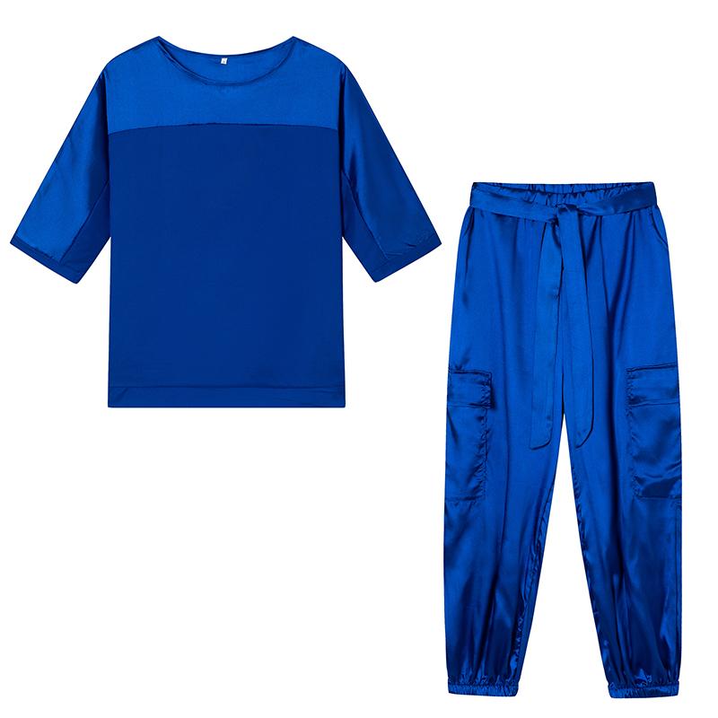 

American Cross-border Fashion Women s Smooth Satin Half Sleeved Upper Garment Set Two-piece Casual Set XXL синій