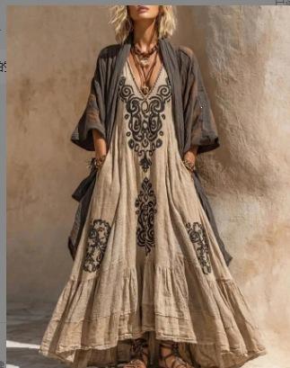 Neues böhmisches V-Ausschnitt bedrucktes langes Kleid lockere Sonnencreme-Bluse Strandurlaub Strandkleid