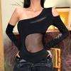 Fashion Sexy Style See-through Mesh Patchwork Shoulder Long Sleeves Jumpsuit Women's Autumn Silm Slim Looking Base Pure Color Tops