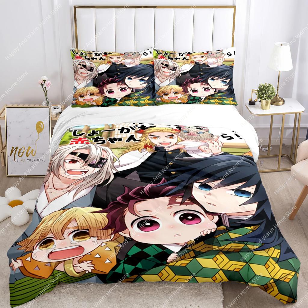 Anime Demon Slayer Print Bedding Set 2/3pieces Nezuko Bed Linen Queen Double Single King Size Duvet Cover Set Boys Adults Gift