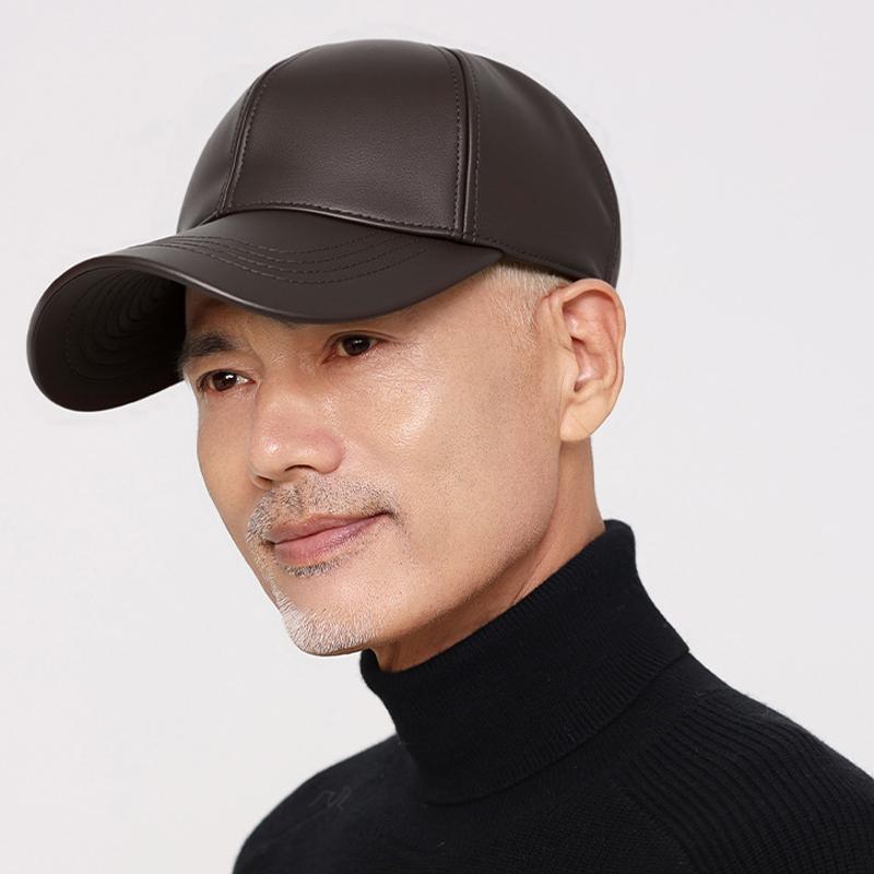 Autumn Winter PU Baseball Cap Outdoor Velvet Warm Cap Middle-Aged Men's Cap