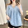 Fashion V-Neck Ruffles Spliced Blouse Women's Clothing Loose Casual Folds Summer All-match Solid Color Chic Jacquard Weave Shirt
