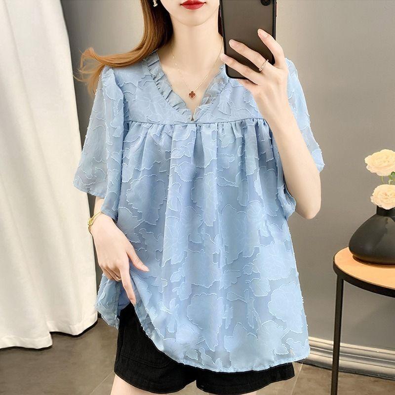 Fashion V-Neck Ruffles Spliced Blouse Women's Clothing Loose Casual Folds Summer All-match Solid Color Chic Jacquard Weave Shirt