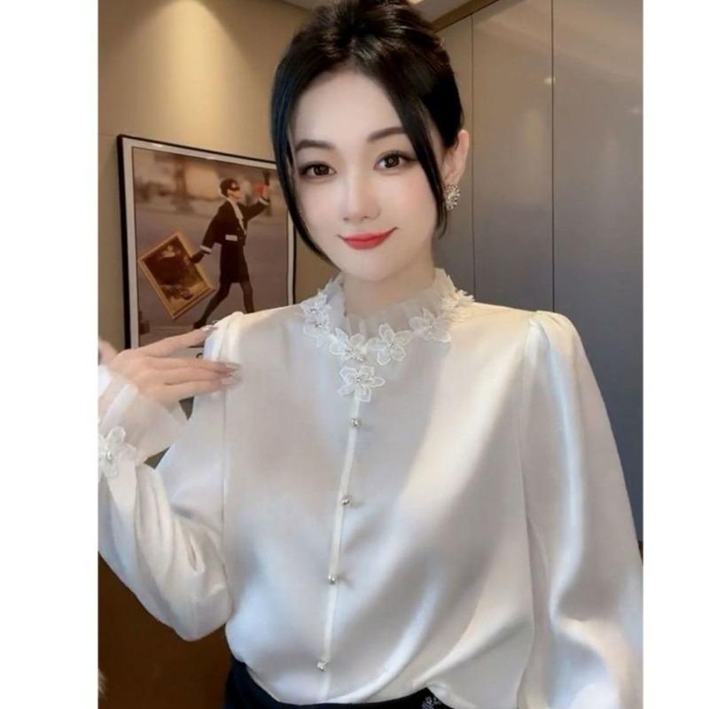 Elegant Mesh Half High Neck Blouse Women Spring Fashion Long Sleeve Shirt White Top Lady Style