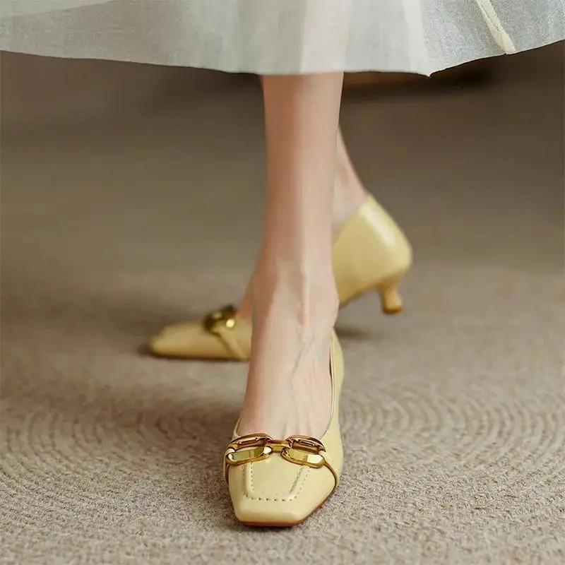 Low Heel Elegant Ladies Footwear Moccasins Metal Decoration Normal Leather Casual Office Beige Women's Shoes Square Toe On Offer