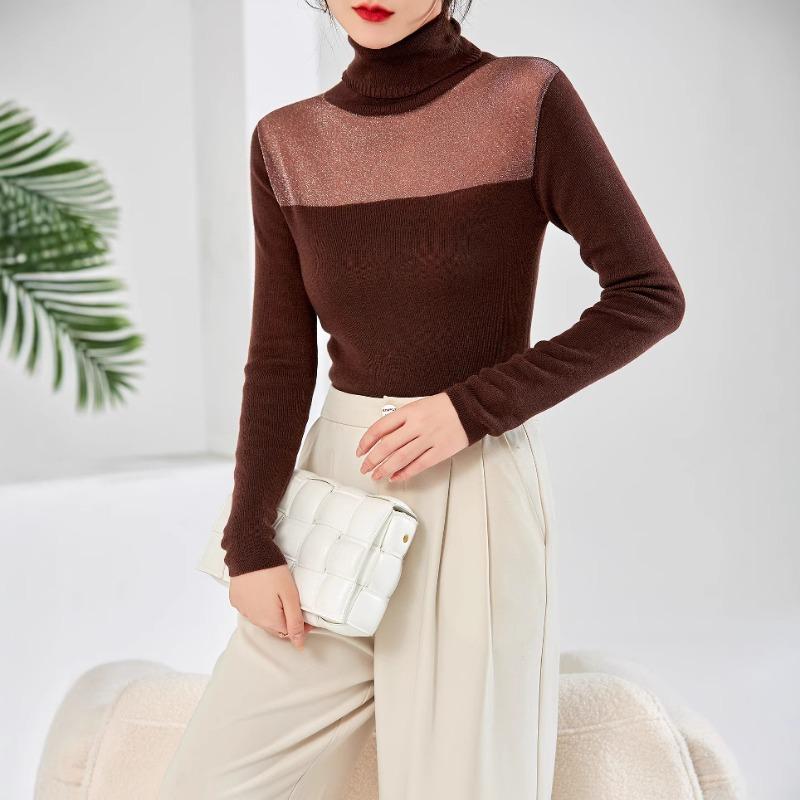 

Semi-turtleneck mesh splicing bottoming shirt women s autumn new slim-fit inner see-through silk wool knitted sweater 120 кофейный