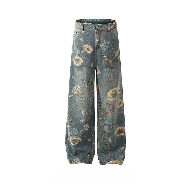 2026 Jeans alla Moda Stile Americano Stampa Vintage Vestibilità Larga Gamba Larga Estivi High Street Gamba Dritta Pantaloni Casual da Uomo Donna