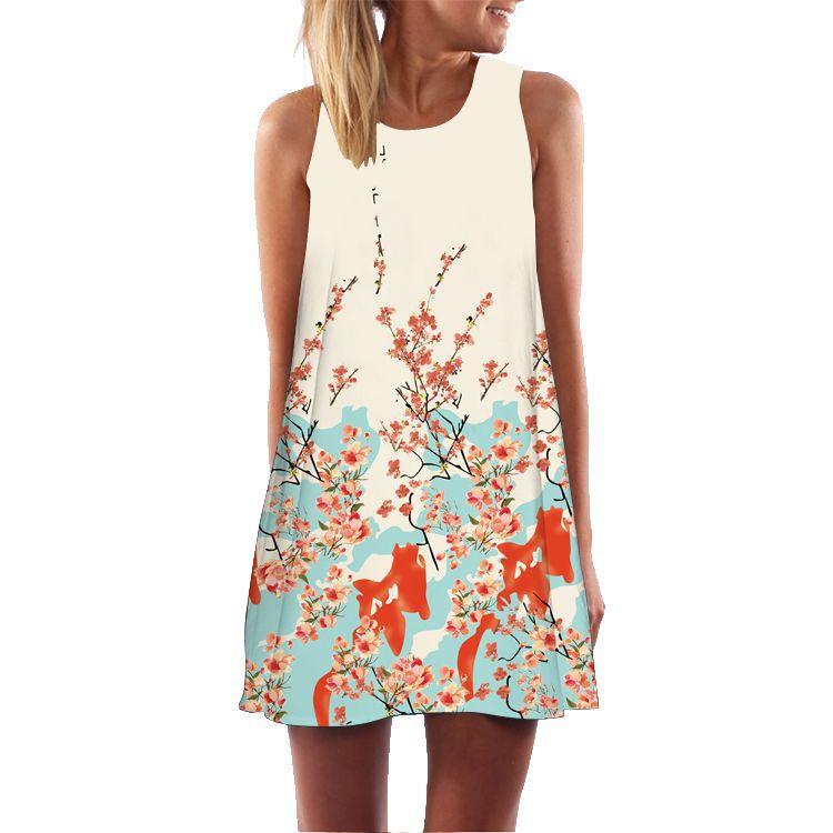 European and American New Retro Digital Printing Crew Neck Hot-selling Off-the-shoulder Medium and Long Vest Dress