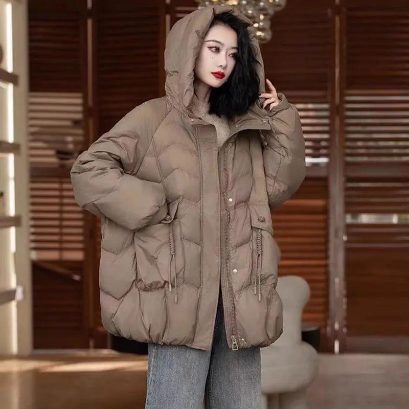 White Duck Down Jacket Hooded Autumn Winter Loose Puffer Coat Women Large Size Overcoat Thicken Female Parkas