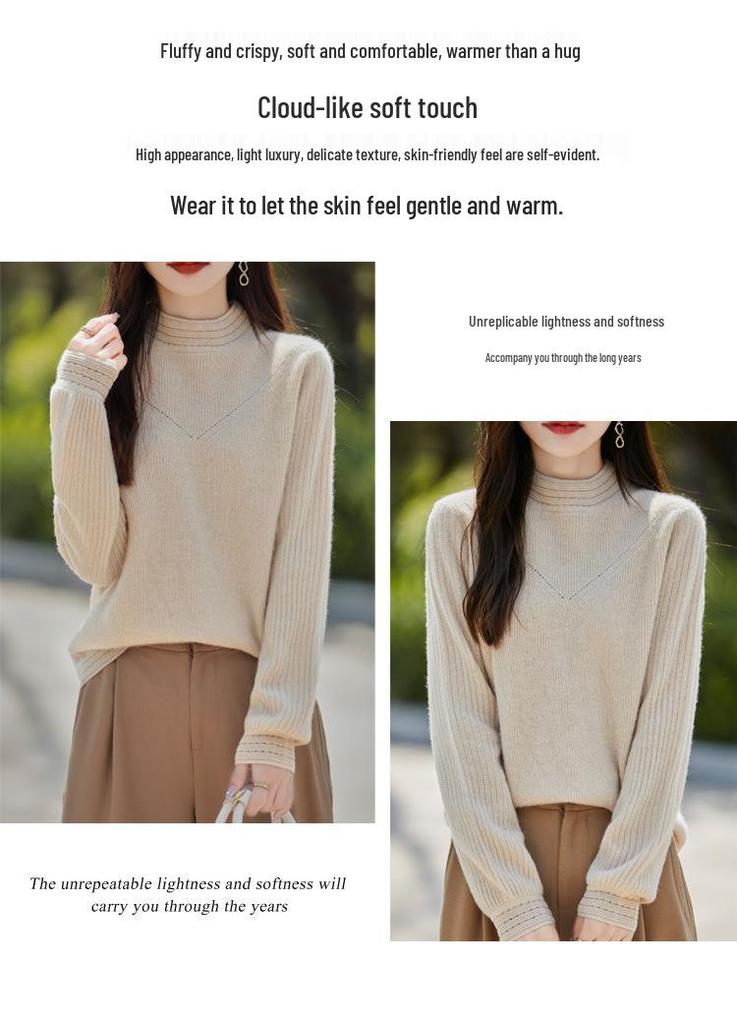 Women's 100% Pure Wool Hollow Out Half High Collar Loose Sweater