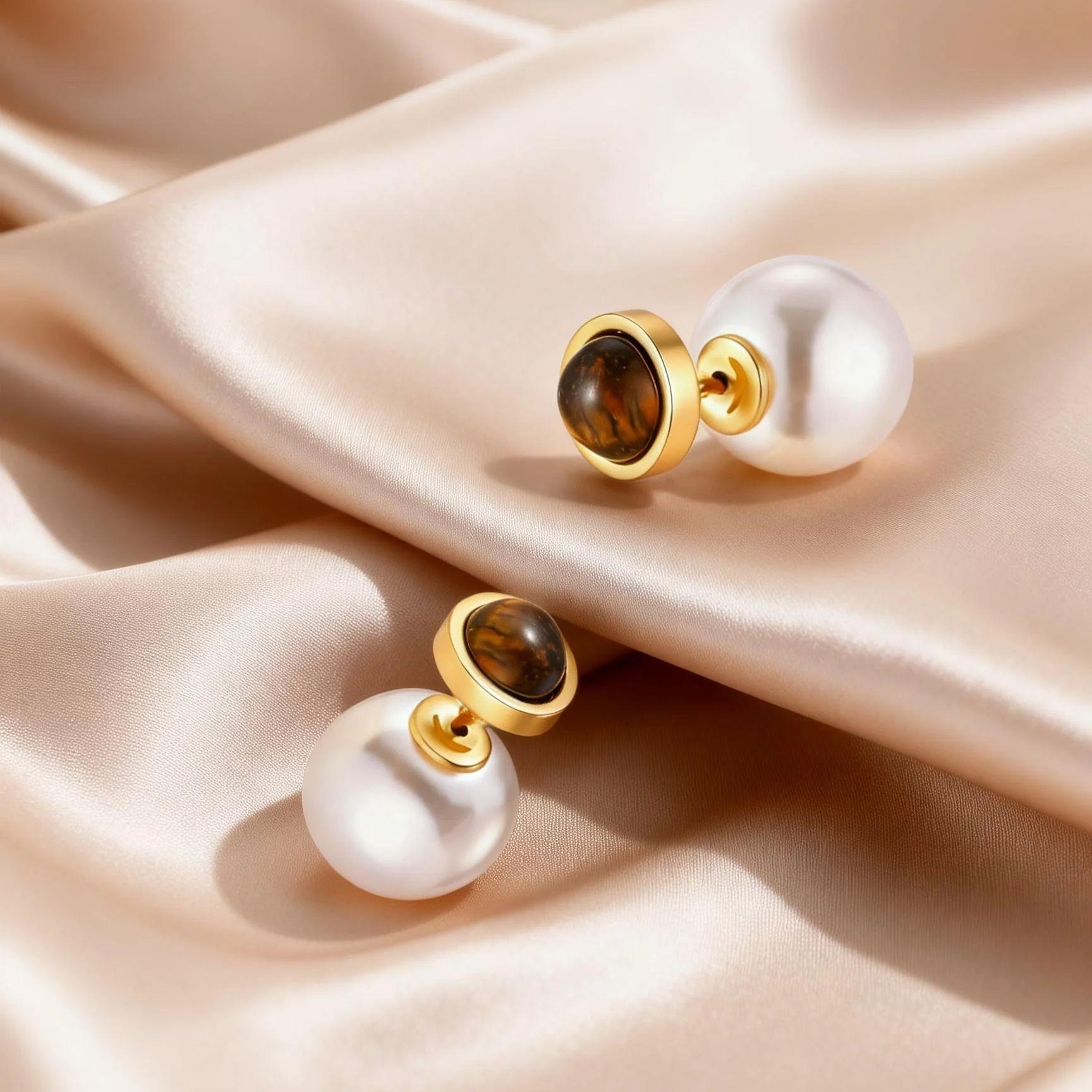 

Luxury Natural Tiger Eye Imitation Pearl Earrings for Women, Waterproof Stainless Steel Stud Earrings, Fashion Fine Jewelry