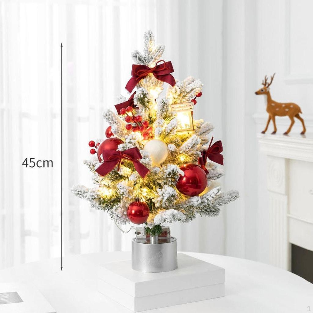 Mini Christmas Tree with Light Desktop Decoration Red Balls, Bows Holiday Ornament Artificial
