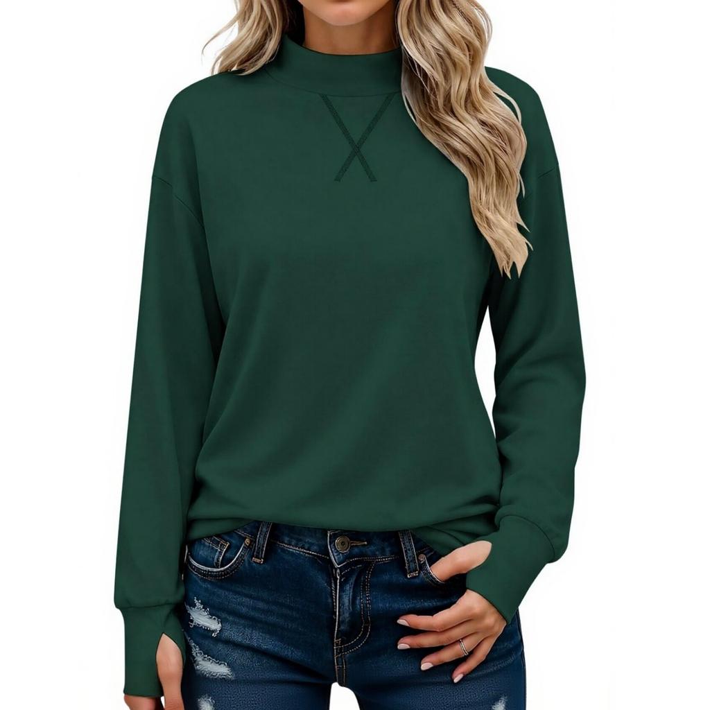 Women's Casual Mock Neck Long Sleeve Top with Thumb Holes