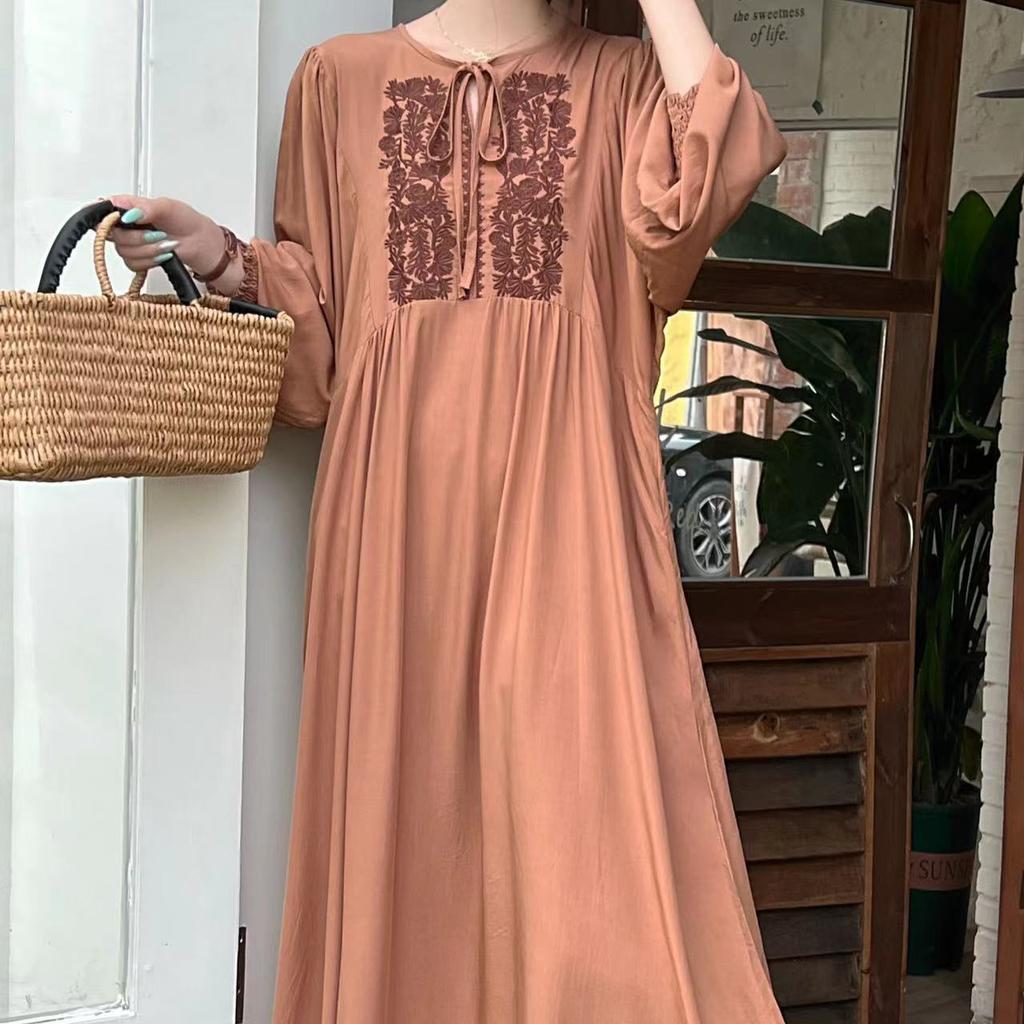 Summer Vintage Art Rochie lungă lejeră Rochie brodata cu mâneci lungi și cu gât
