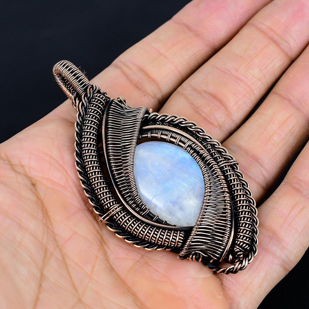 Rainbow Moonstone Pendant, Handmade Gemstone 999 Copper Wire Wrap Pendant Antique Jewelry, For Gift Copper Jewelry
