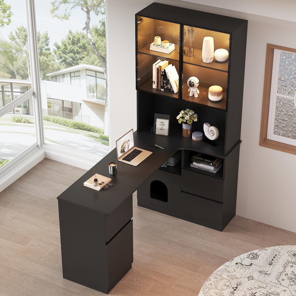 Corner desk with shelf and LED display cabinet 120×80×180 cm - desk with cable grommet, 3 drawers, 2 doors, open compartments