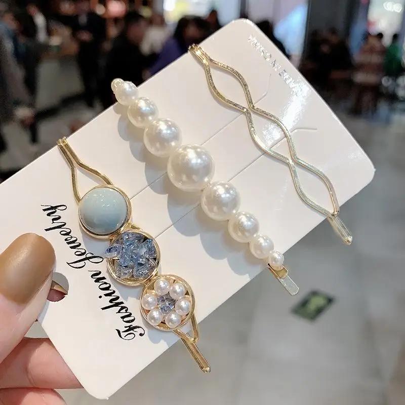 Korean Version of A Word Clip Set of Pearl Gravel Hair Clip Temperament Edge Clip Sweet Girl Heart Hair Ornament Female