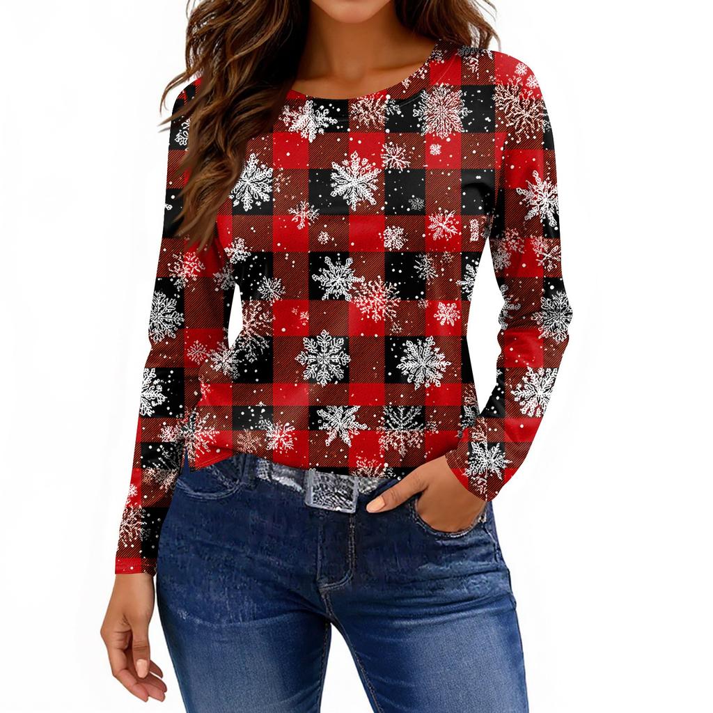 Women's Fashion Casual Slit Hem Round Neck Long Sleeve Loose Printed T-Shirt Ladies Top