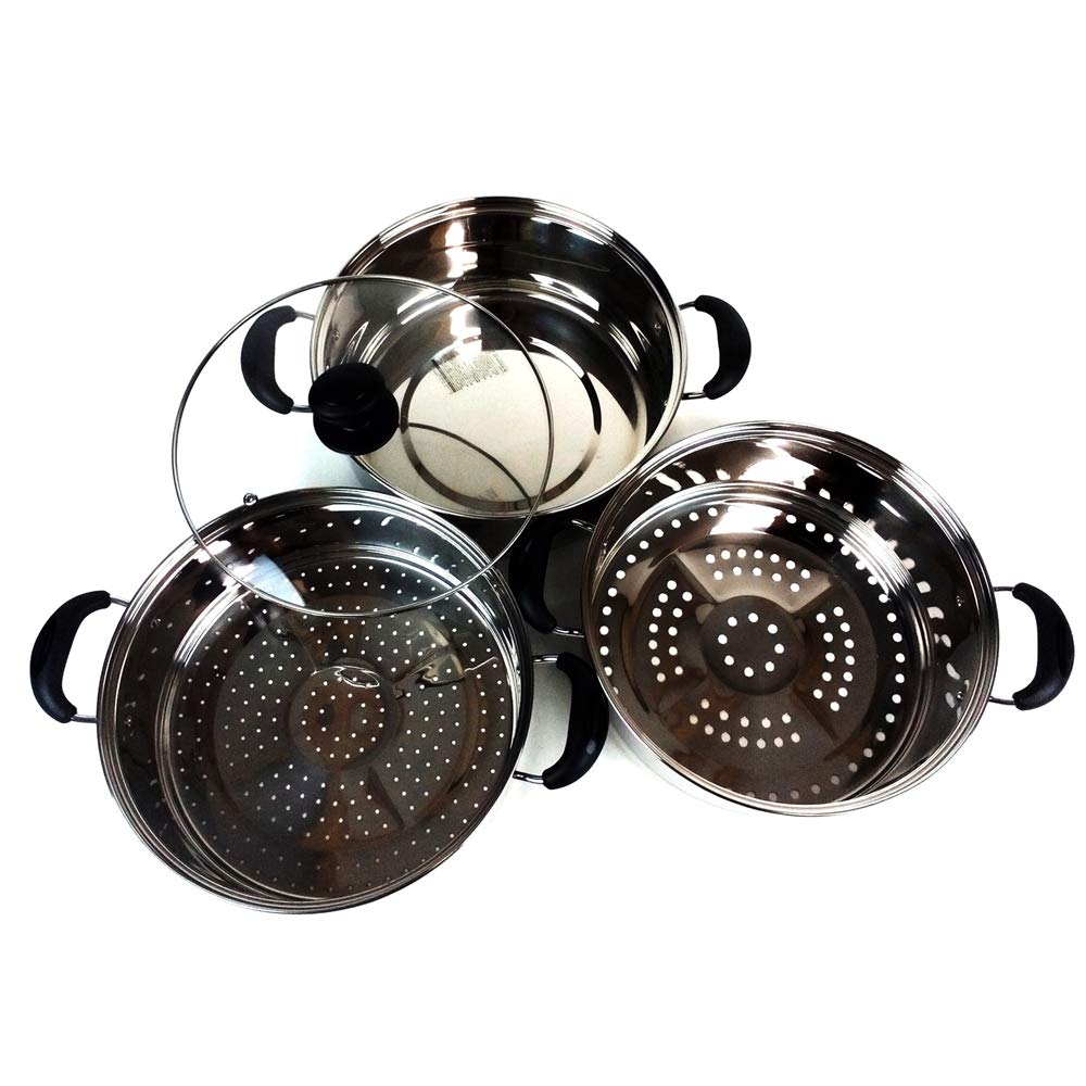 Konan Original Stainless Steel 3-Tiered Pot with Steamer and Glass Lid, 26cm (For Direct Heat) KHM05-2037