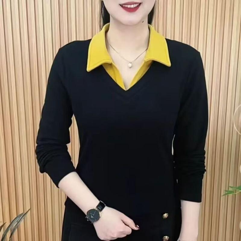 2025 Spring Fashionable Long-sleeved T-shirt Fake Two-piece Lapel Versatile Fashion Casual Top for Women