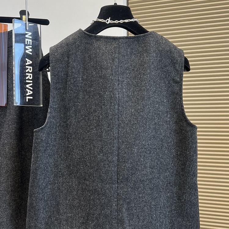 Women's Sleeveless Wool Fashion Suit: Single-Breasted Vest with Semi-Elastic Waist and Casual Wide-Leg Pants