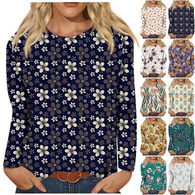 Women's Fashion Casual Long Sleeve Floral Print Round Neck Pullover Top Blouse