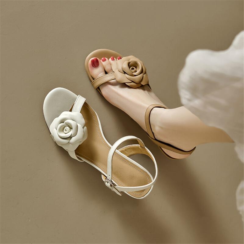 Fashion New Sheepskin Summer Sandals Round Toe High Heels Sandals Shoes for Women Zapatos Mujer Handmade Camellia Sandals Ladies Shoes